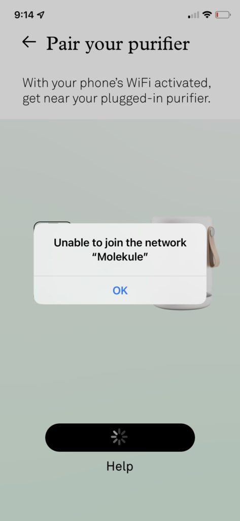 Molekule app connection issue screen